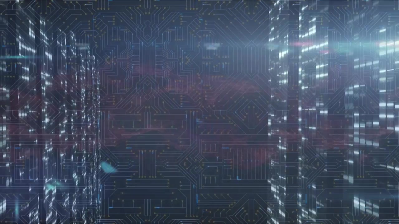 Animation of digital screen with data, lights and integrated circuit