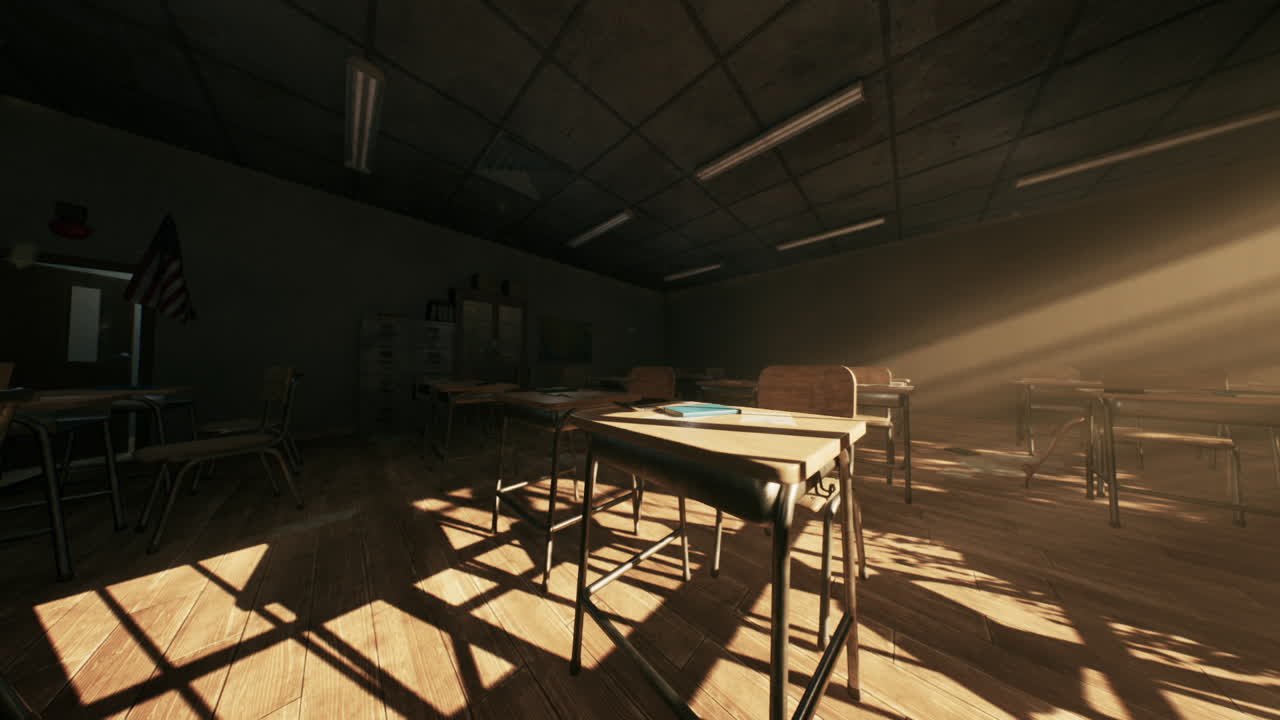 Aula scolastica abbandonata con luce solare che proietta ombre su banchi vuoti
