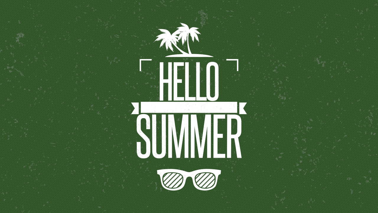 Hello Summer with sunglasses and palms on green grunge
