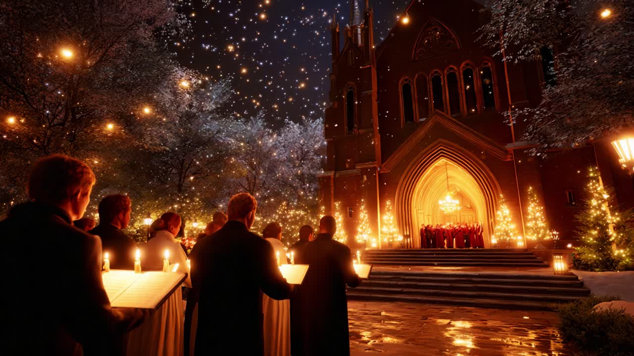 A Serene Evening Choir Performance Outside a Magnificent Church, Illuminated by Glowing Lights and Soft Candles, Capturing the Essence of Unity and Celebration in a Winter Wonderland Setting