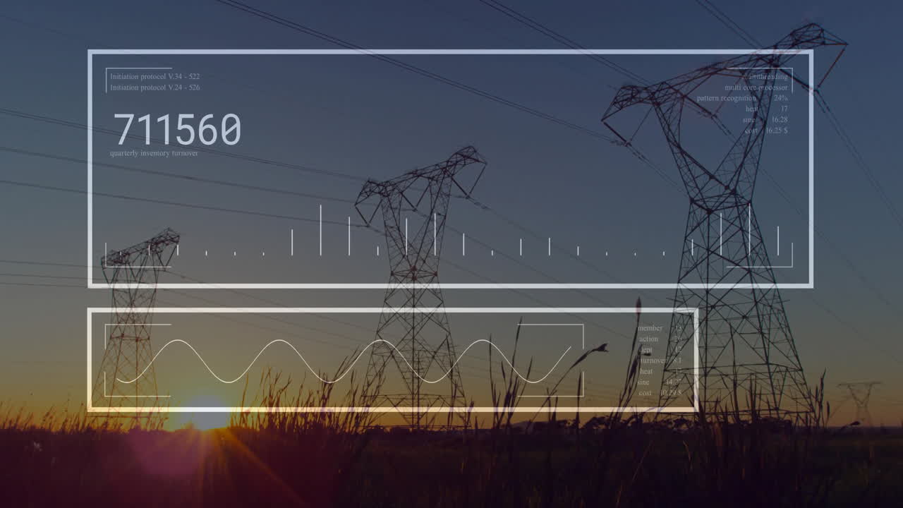 Transmission towers linking power lines while interface elements streaming data over dusk scene