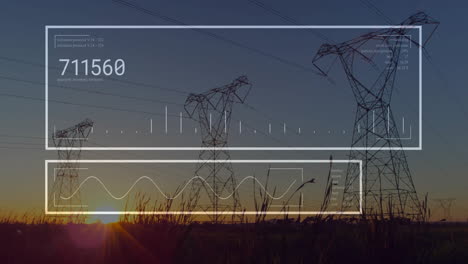 transmission towers linking power lines while interface elements streaming data over dusk scene
