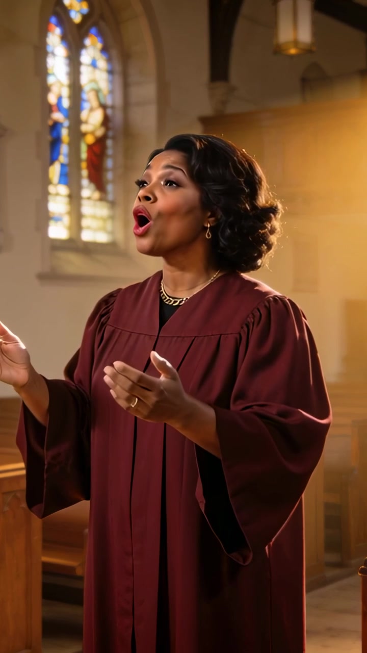 Vertical video: Raising hands, choir singer performing solo at church, with maroon robe, sunbeams