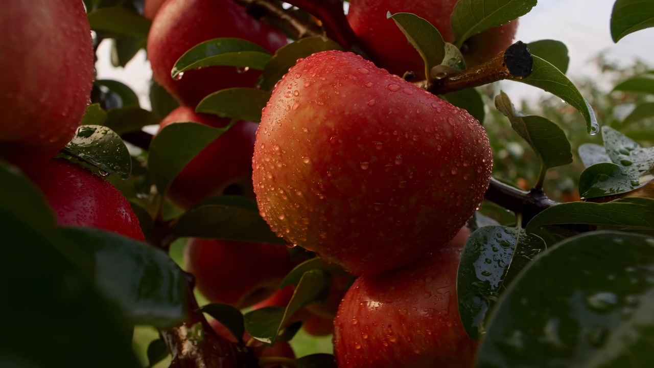 Mele rosse rugiadose su un ramo di frutteto, primo piano che mostra goccioline d'acqua sulla buccia testurizzata, foglie verdi lussureggianti che incorniciano.