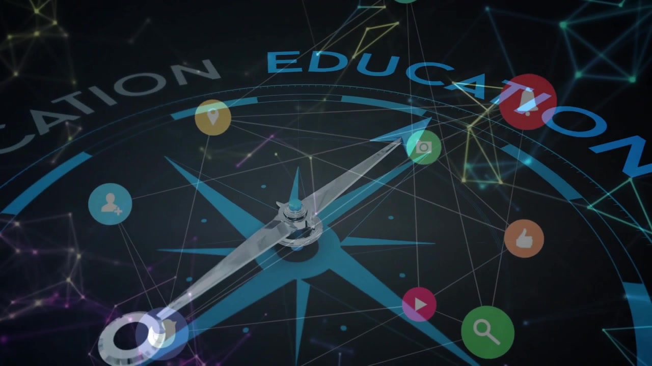 Compass needle materializing in mesh, rotating clockwise and pulsing icons around education ring