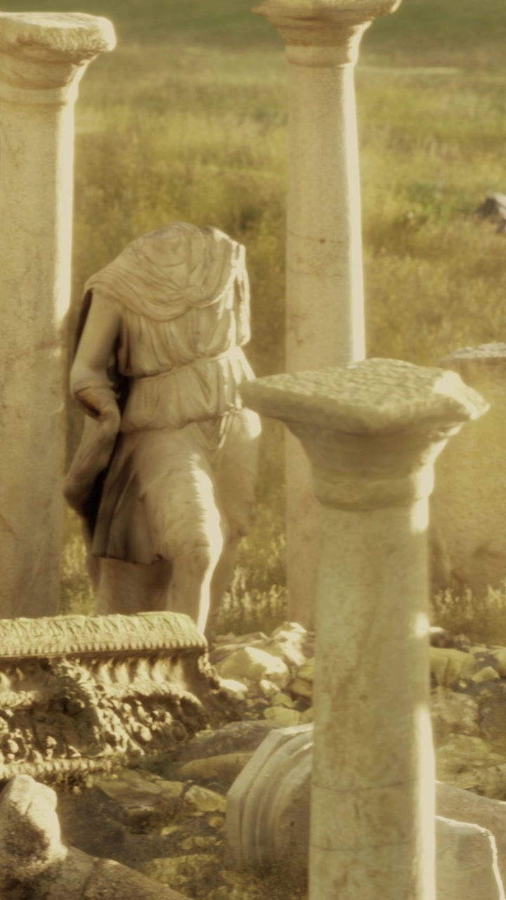 Statua tra colonne in antiche rovine di giorno.