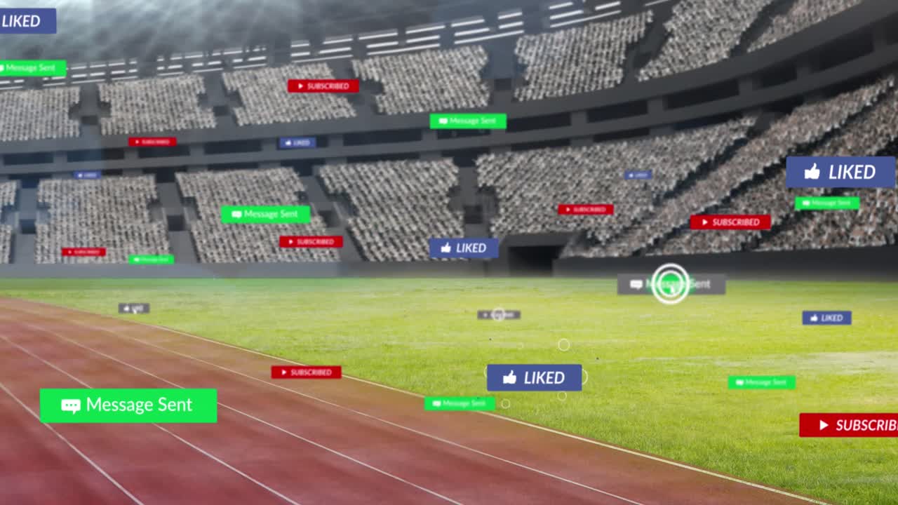 빈 스포츠 스타디움 에 떠다니는 소셜 미디어 아이콘 의 애니메이션