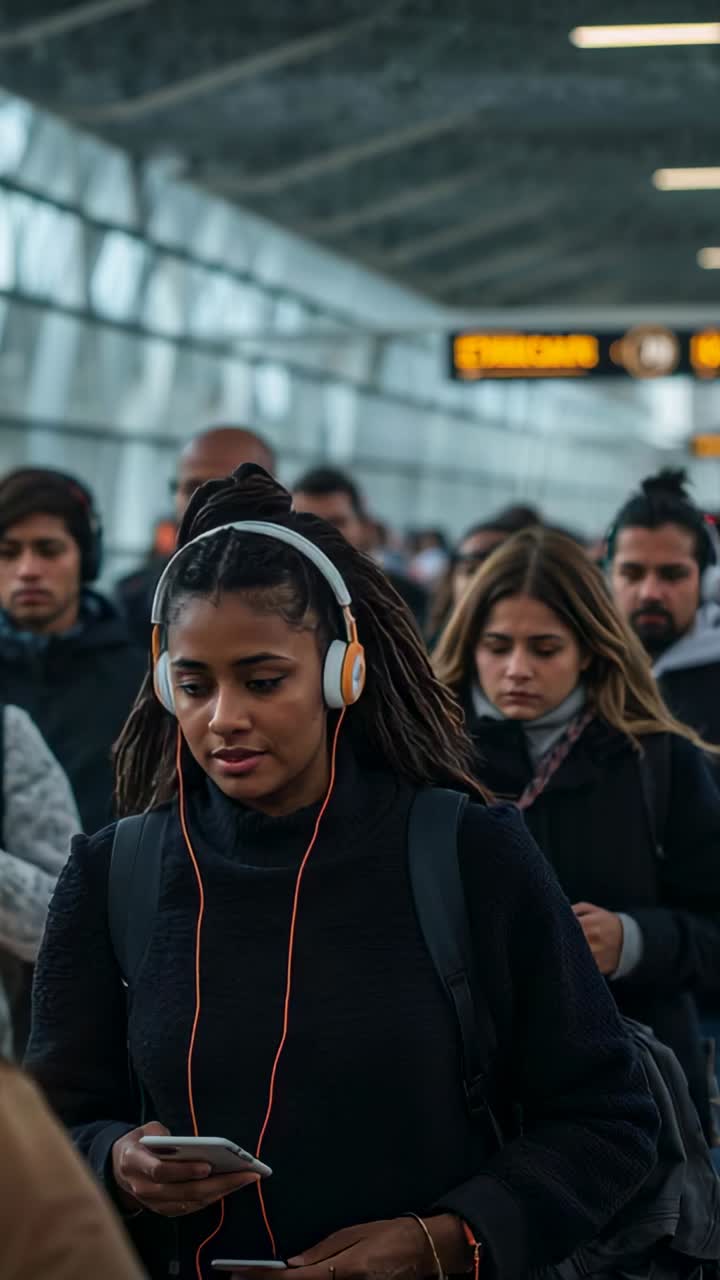Vertical video: Walking woman checking phone, commuting in concourse and wearing orange headphones