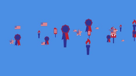 animation of american flags and independence day icons moving over blue background