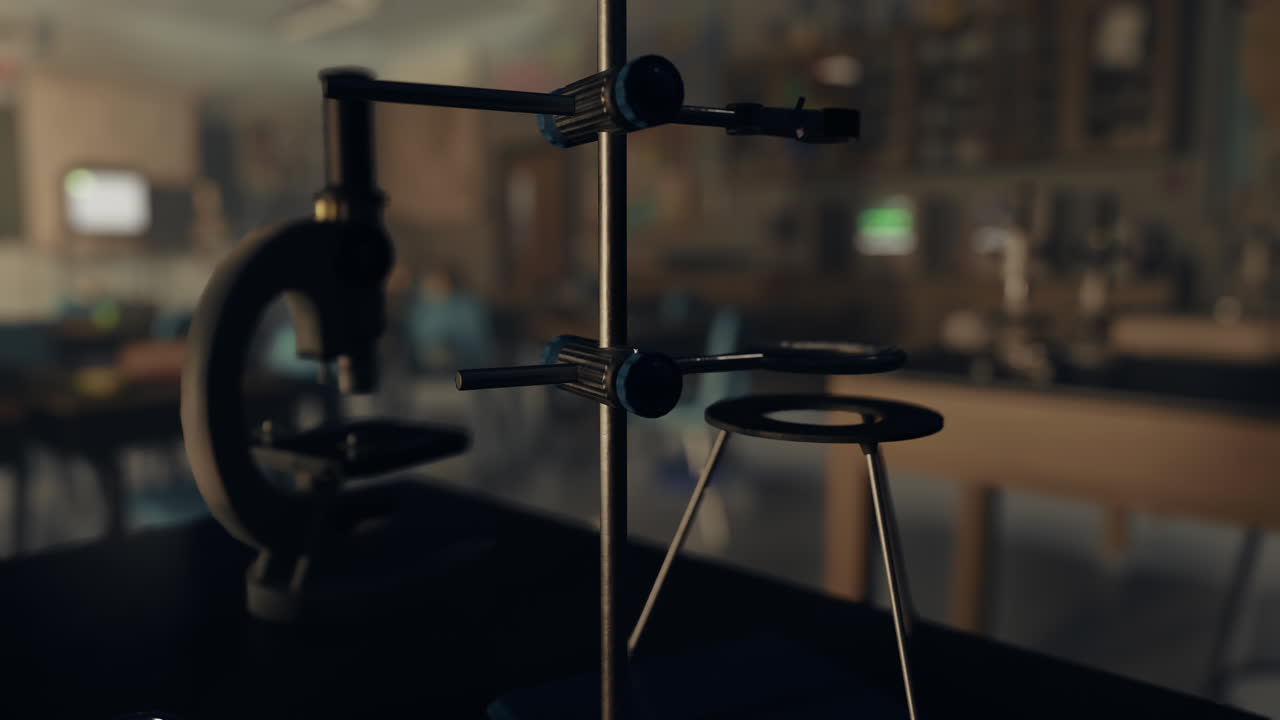 현미경 과 스탠드 를 가진 과학 실험실