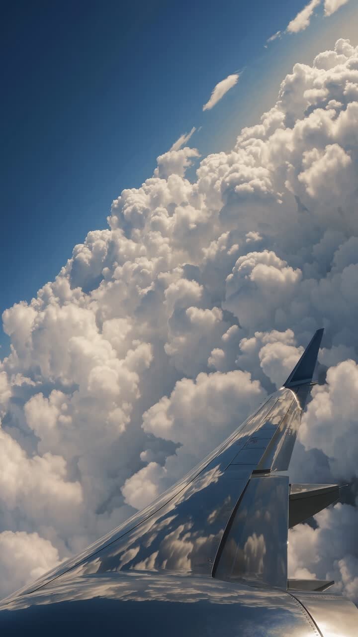 Aerial view from an airplane wing, soaring above fluffy clouds. Captured at a high angle