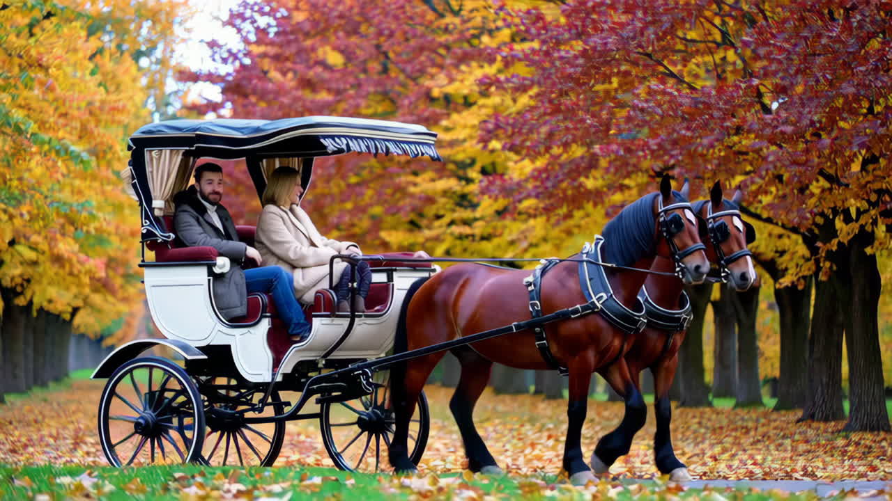 Couple enjoying a romantic carriage ride in autumn park