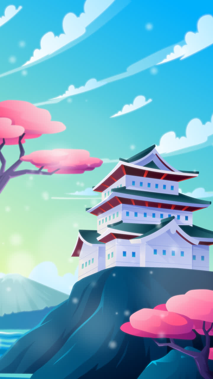 물로 둘러싸인 바위 위에 있는 일본 사원의 그라디언트 모션 그래픽