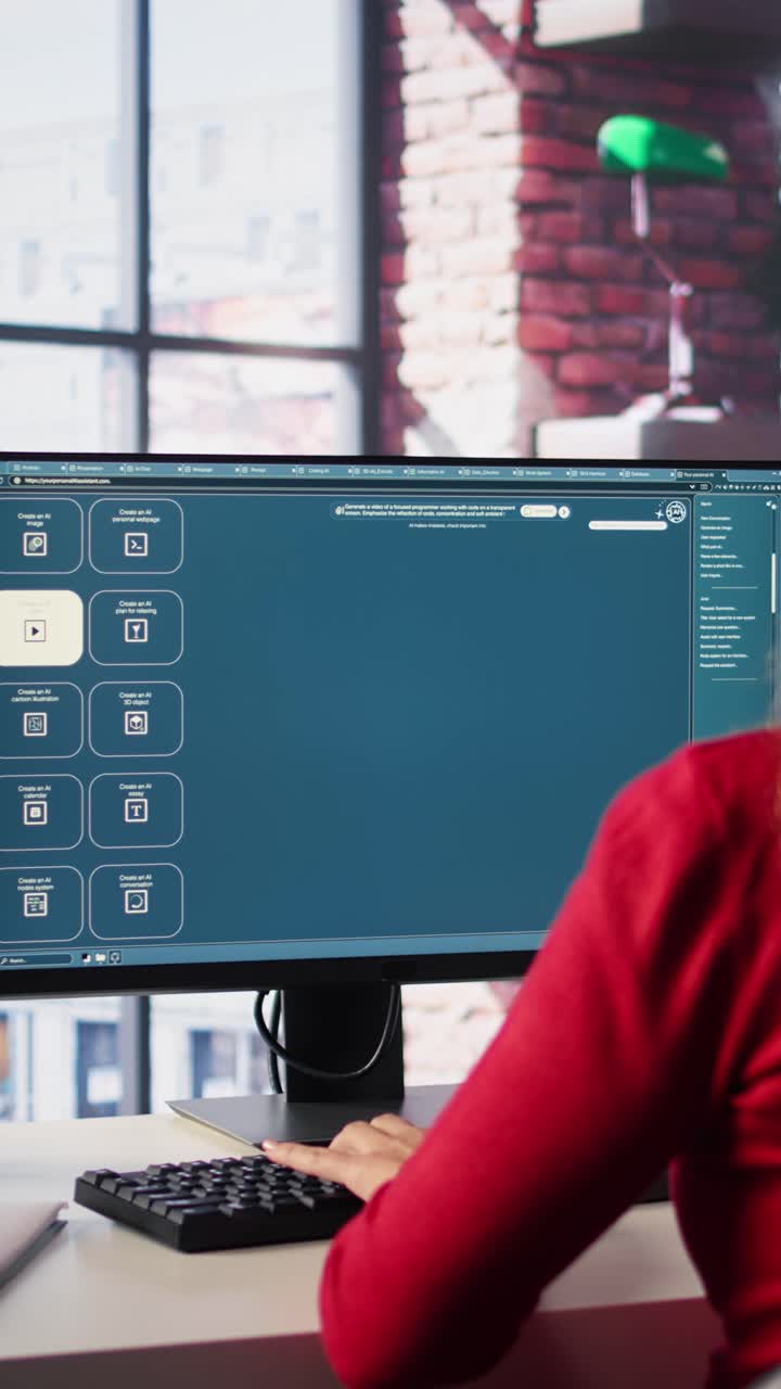 Vertical Video Technician employs AI chatbot on pc monitor and executing programming code