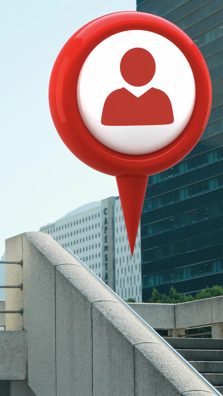 Vertical video: Red pin dropping and anchoring on stair while people passing under pin for maps