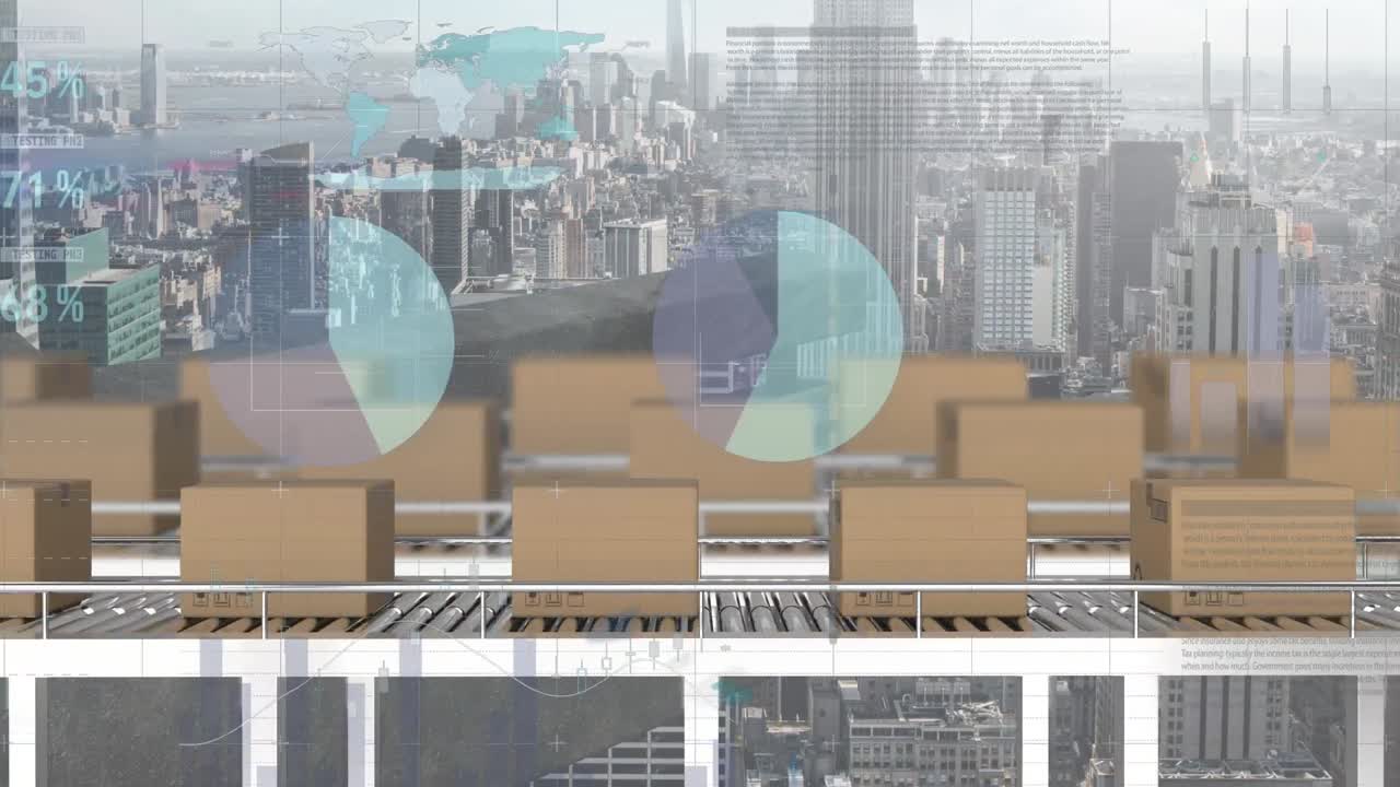 컨베이어 벨트와 도시 풍경에 있는 상자 위의 금융 데이터 처리 애니메이션