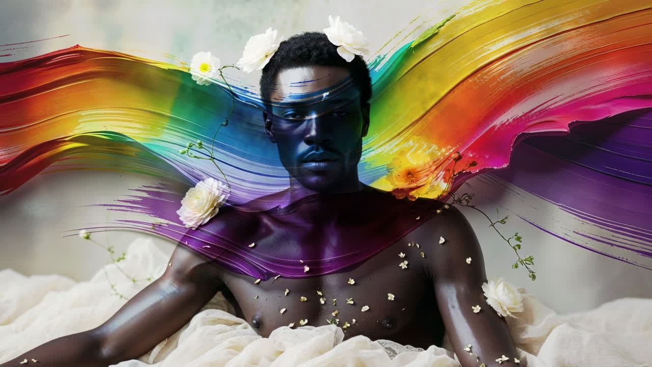 Colorful Artistic Portrait of a Man with Rainbow Paint and Flowers