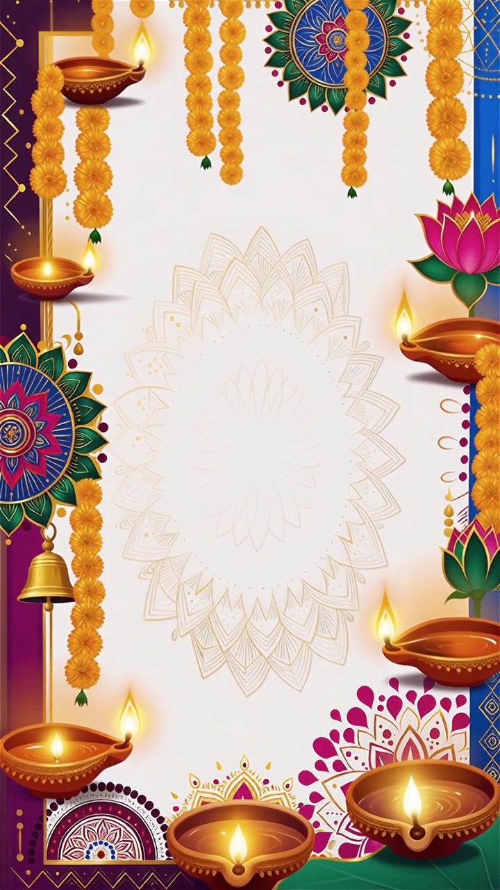 Sfondo Diwali con Diyas luminosi, Rangoli e fiori di loto