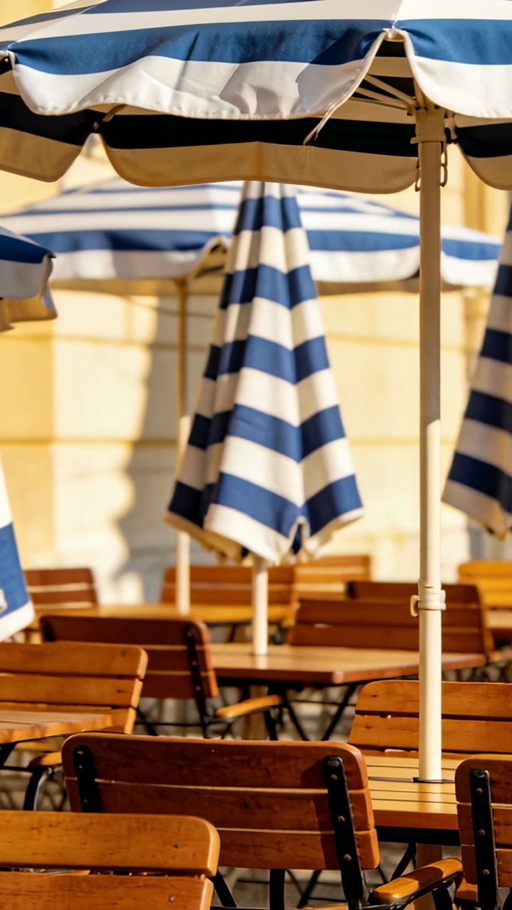 Framing folded blue-white striped umbrella standing on white pole at cafe terrace, wooden tables