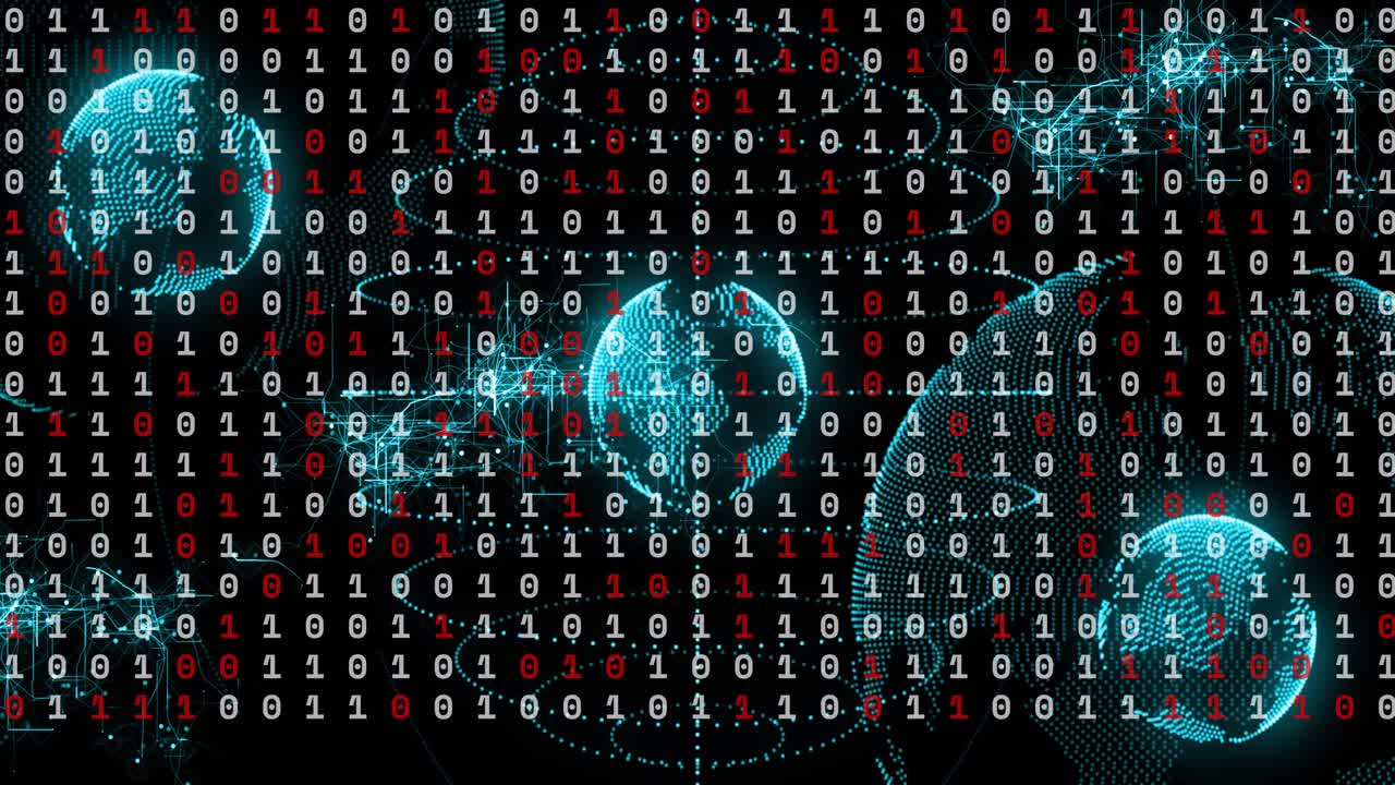 Binary grid flickering cyan spheres drifting right dotted globe emerging links forming data network