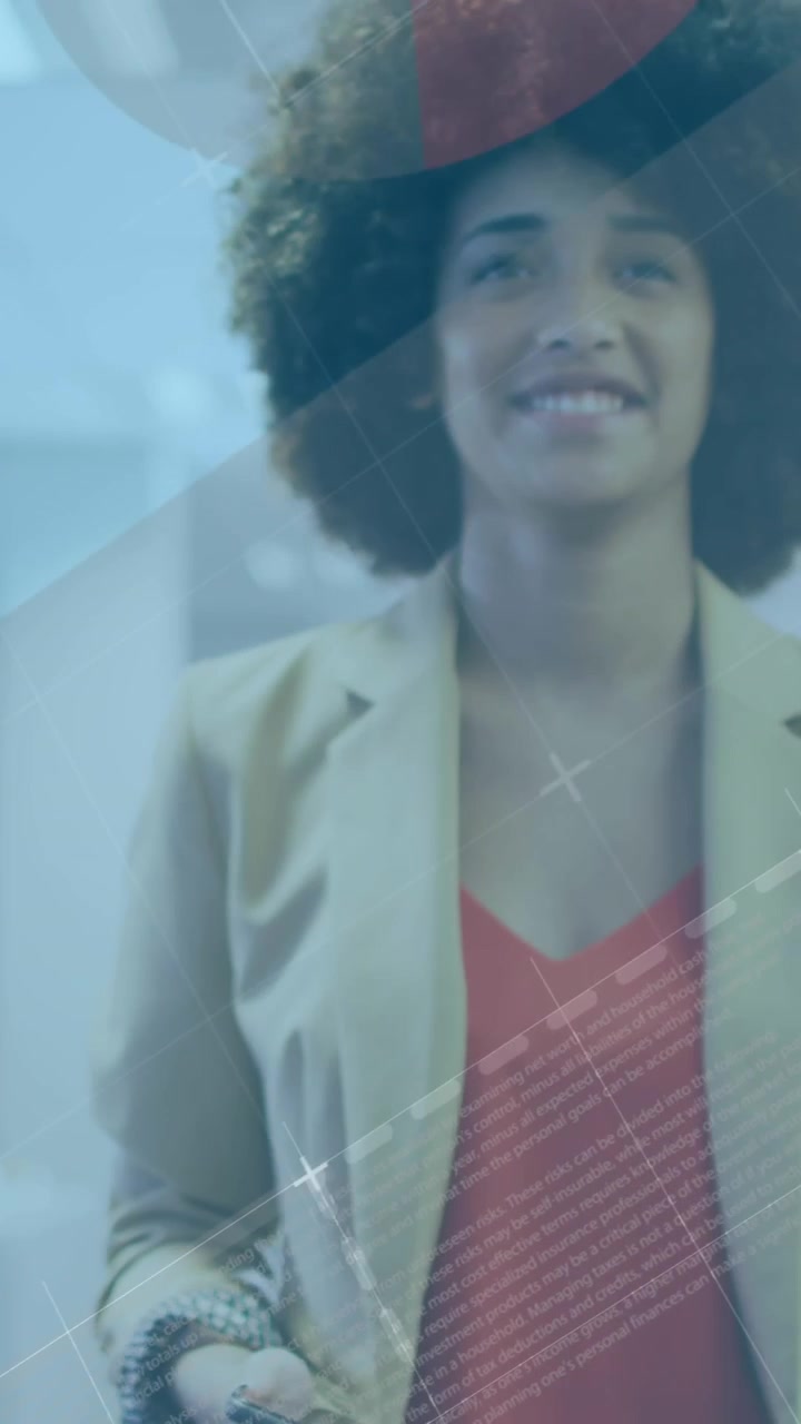 Animation of financial data processing over businesswoman