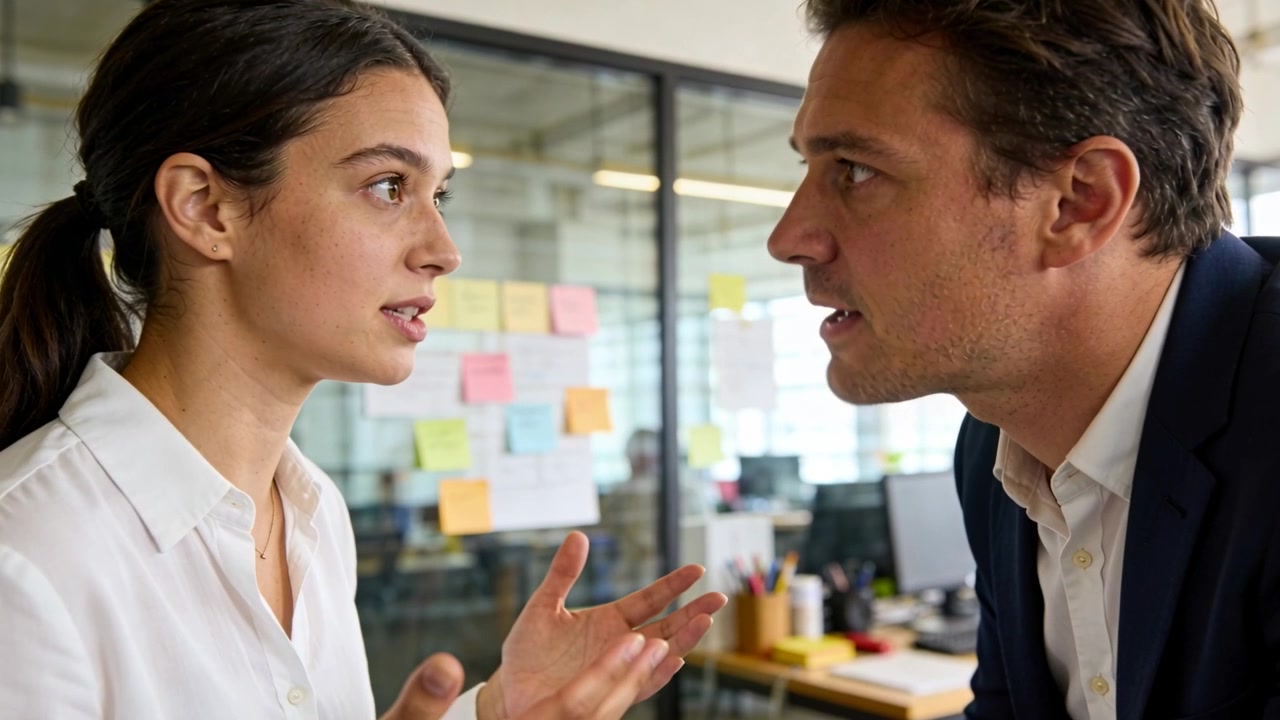 Una donna con camicetta bianca inizia a spiegare il progetto, mentre un uomo con blazer scuro è appoggiato in ufficio con dei post-it.