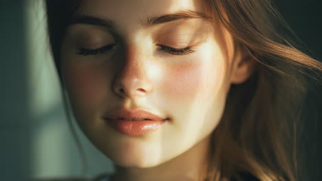sunlight illuminating the face of a young woman with closed eyes, highlighting her natural beauty and freckles while capturing a serene, contemplative expression filled with tranquility