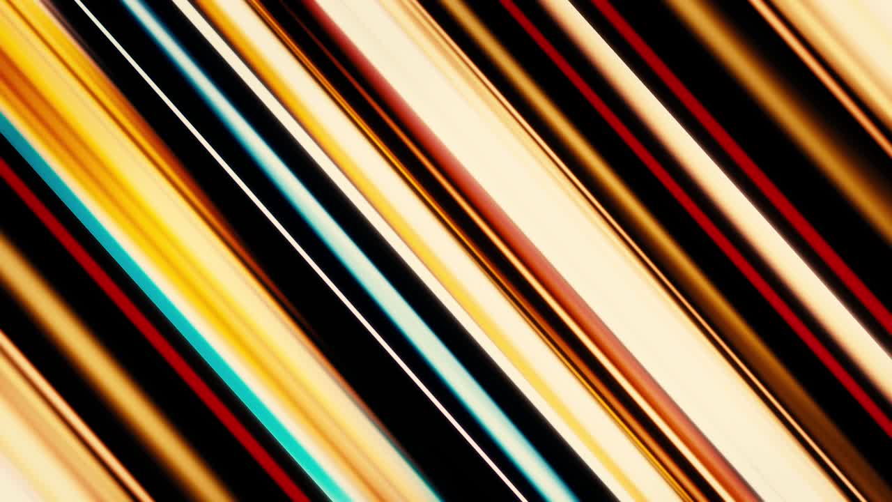 Abstract glowing and shiny colorful light rays on black background. Animation. Beautiful shimmering diagonal straight lines moving and blinking, seamless loop.