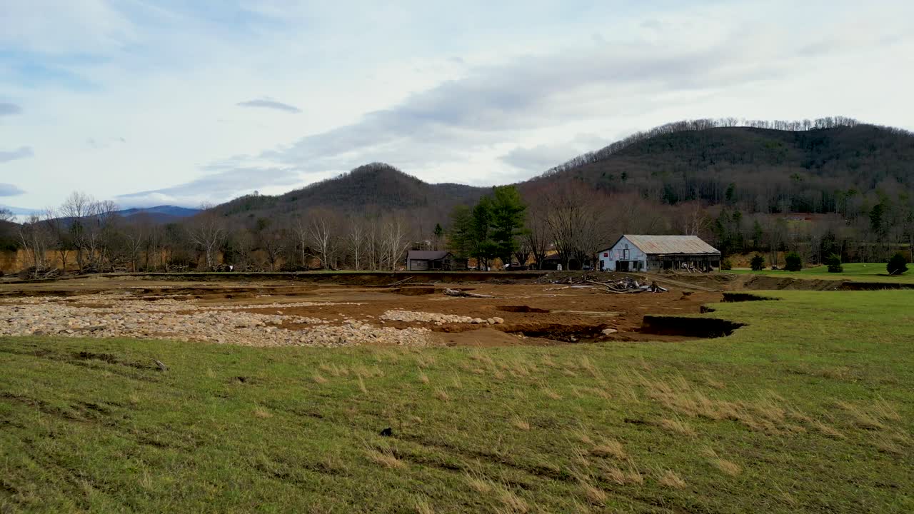 4K Aerial Drone Video of Erosion Around Cabin Caused by Overflowing Nolichucky River in Erwin, TN after Hurricane Helene (2024)