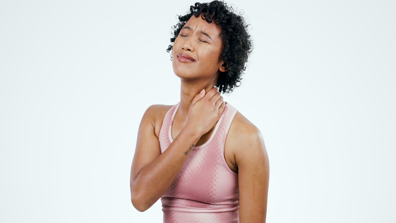 Neck, pain and sports woman with injury in studio
