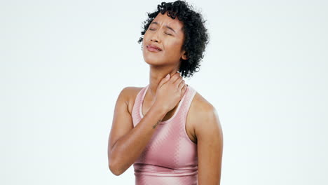 Neck,-pain-and-sports-woman-with-injury-in-studio