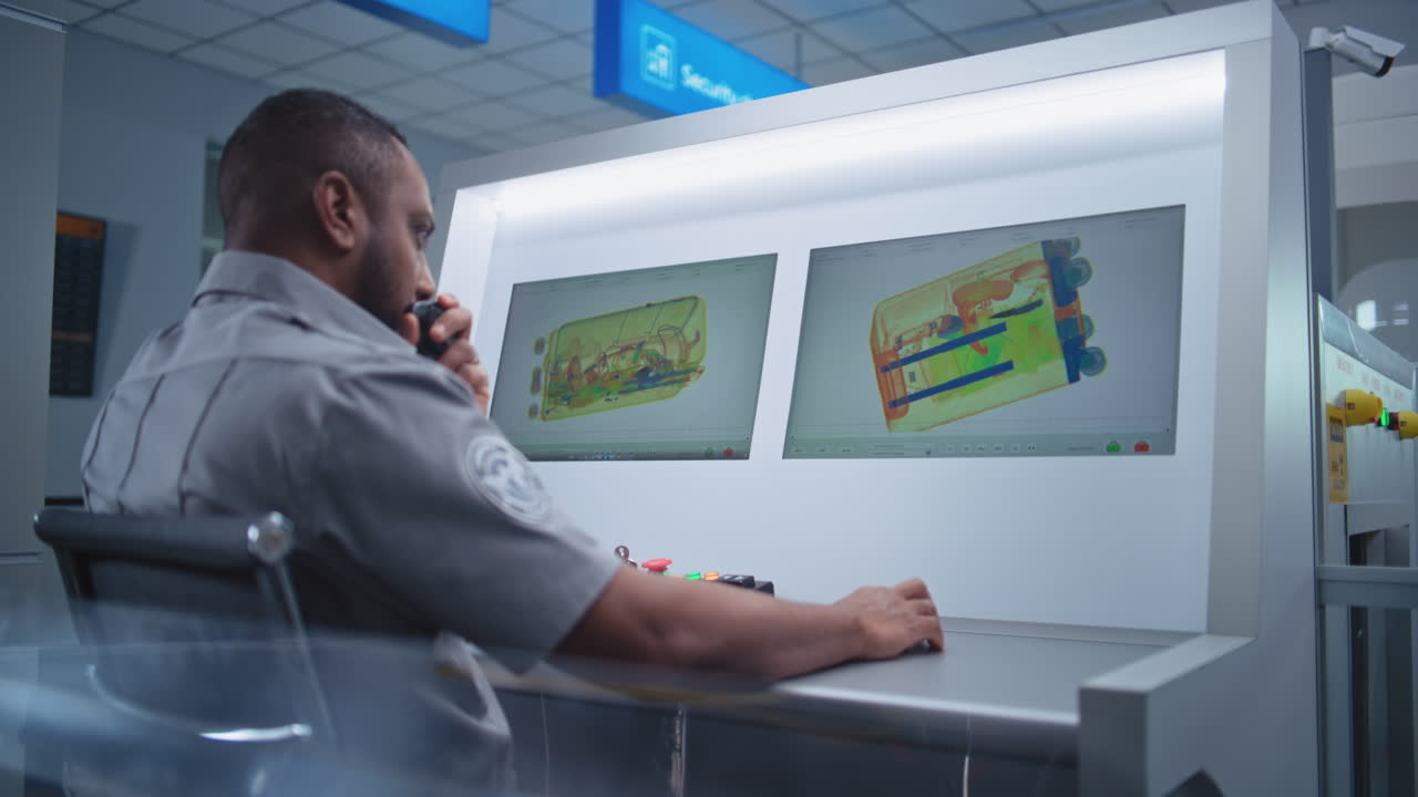 vigilancia del guardia de seguridad del aeropuerto escaneo de rayos x del equipaje