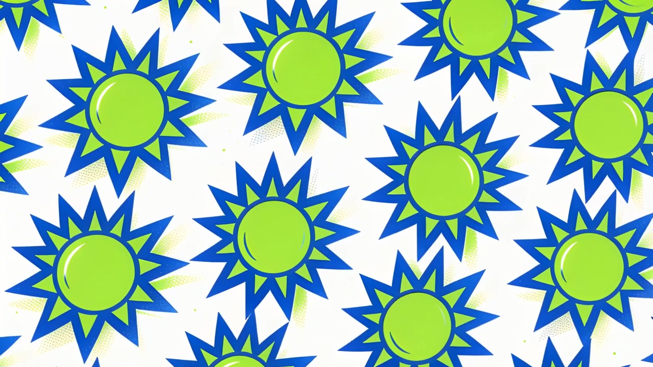 Padrão de sol de papel branco deslizante, com leve deslocamento, apresentando centros verde-limão, raios azuis e pontos marrons.