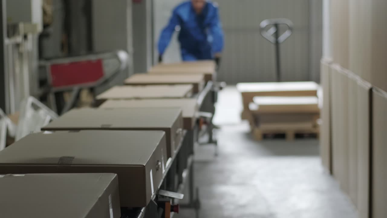 almacén postal. los paquetes se mueven a lo largo de una cinta transportadora en el departamento de clasificación posterior. cinta de carga, el trabajador postal prepara los paquetes para su envío. entrega de pedidos en línea.