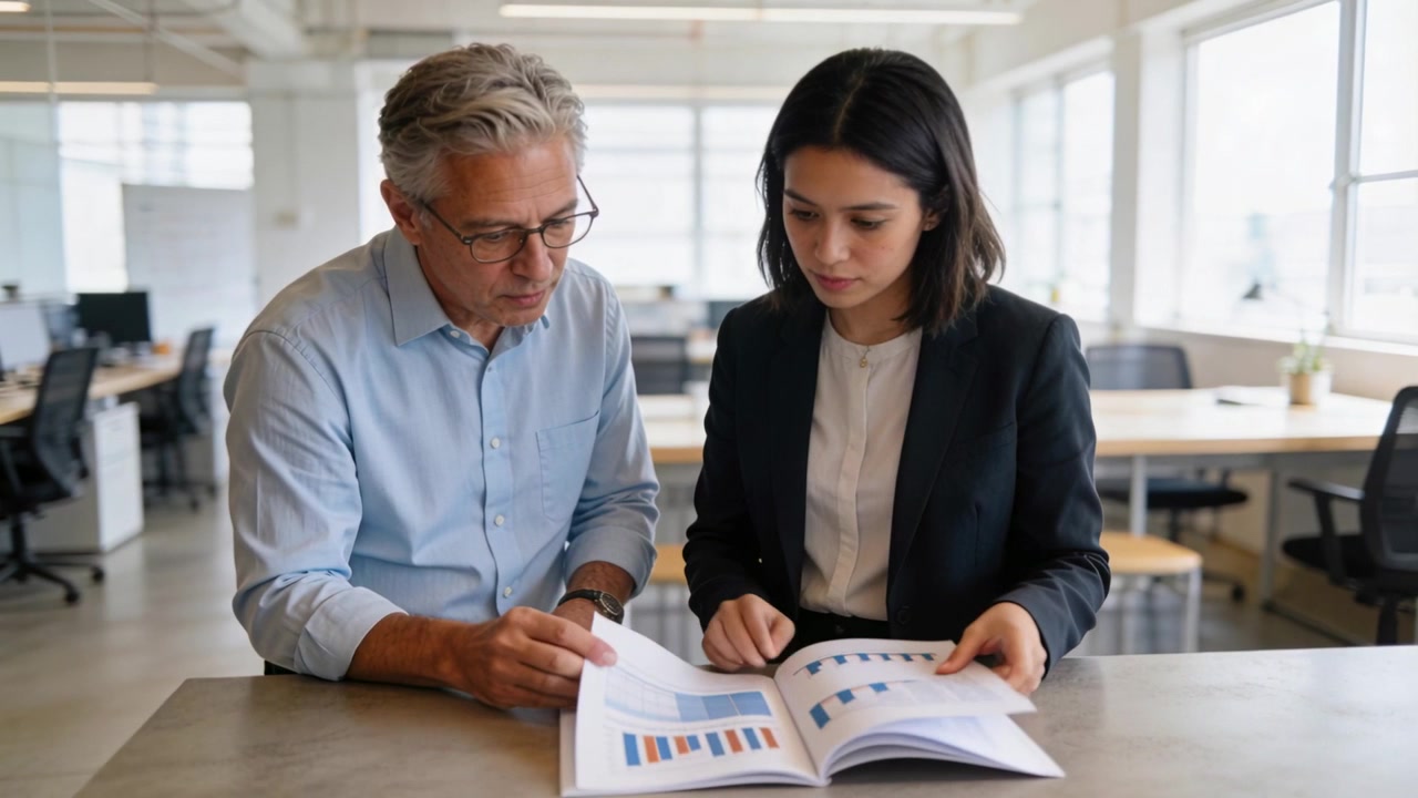 Lænende leder med briller vejleder medarbejder i blazer over rapport på åbent kontor, der viser tendenser.