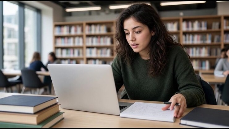 Giovane donna che studia con laptop e libri in biblioteca