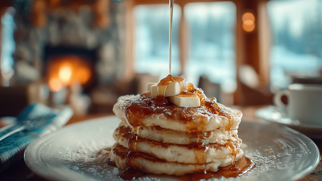 Delicious Stack of Fluffy Pancakes with Maple Syrup Drizzling Down and Butter Melting, Set in a Cozy Restaurant with a Warm Fireplace Background