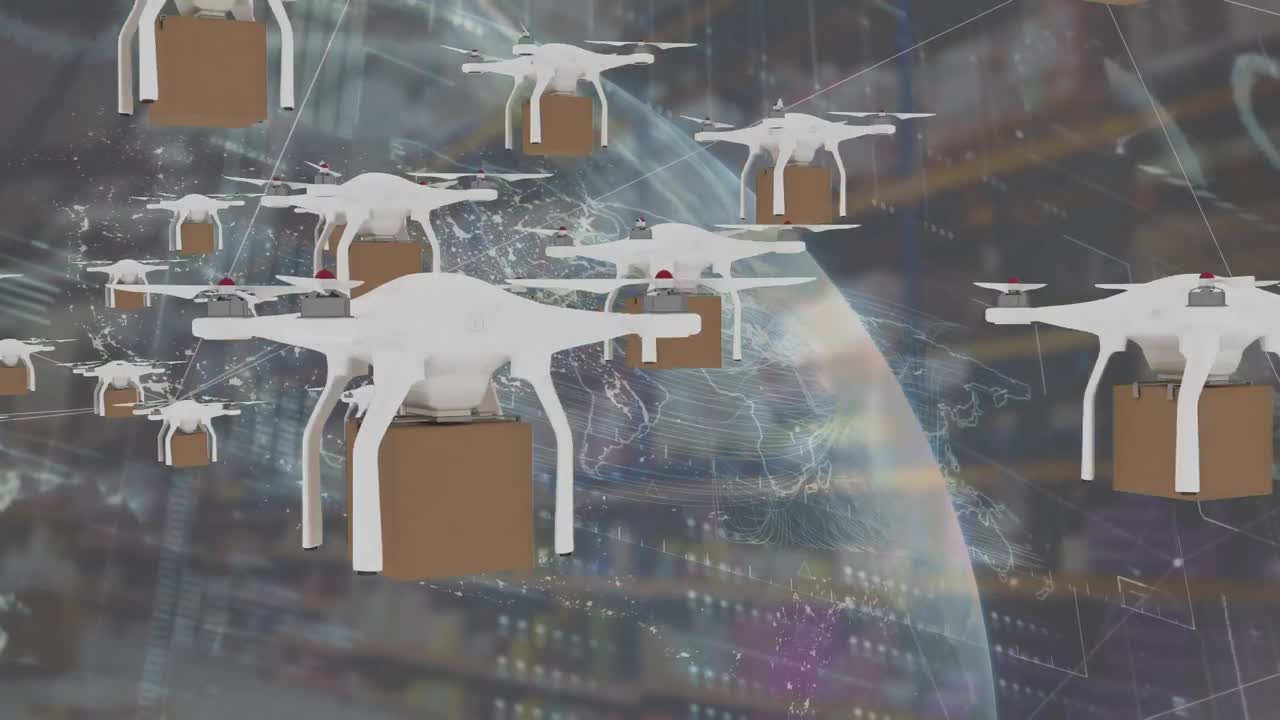 상자를 들고 하늘을 날아다니는 드론