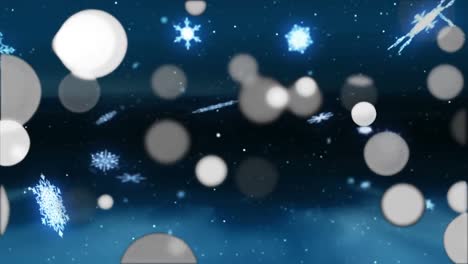 Animation-of-christmas-white-spots-and-snow-falling-on-blue-background