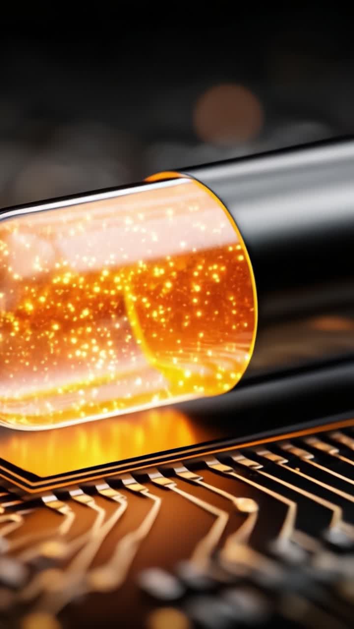 A Close-Up View of an Illuminated Capsule Containing Twinkling Particles, Set Against a Modern Circuit Board Background, Highlighting the Fusion of Technology and Creativity