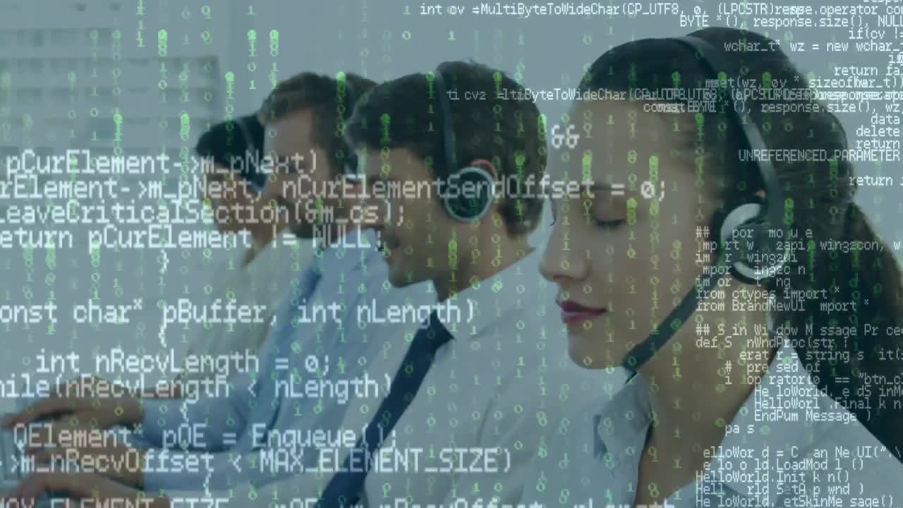 Animation of data processing over business people using phone headsets