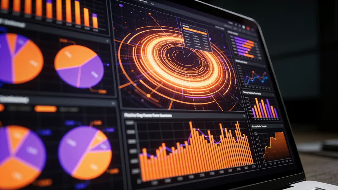 Displaying laptop screen shifting view as real-time data updating ring, bars, pie charts on desk