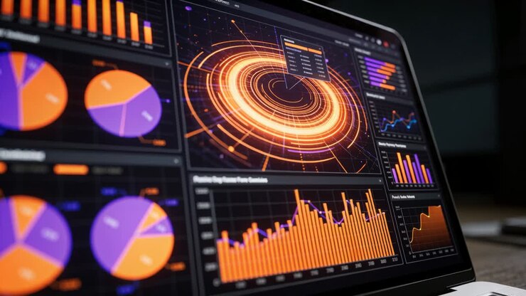 Displaying laptop screen shifting view as real-time data updating ring, bars, pie charts on desk