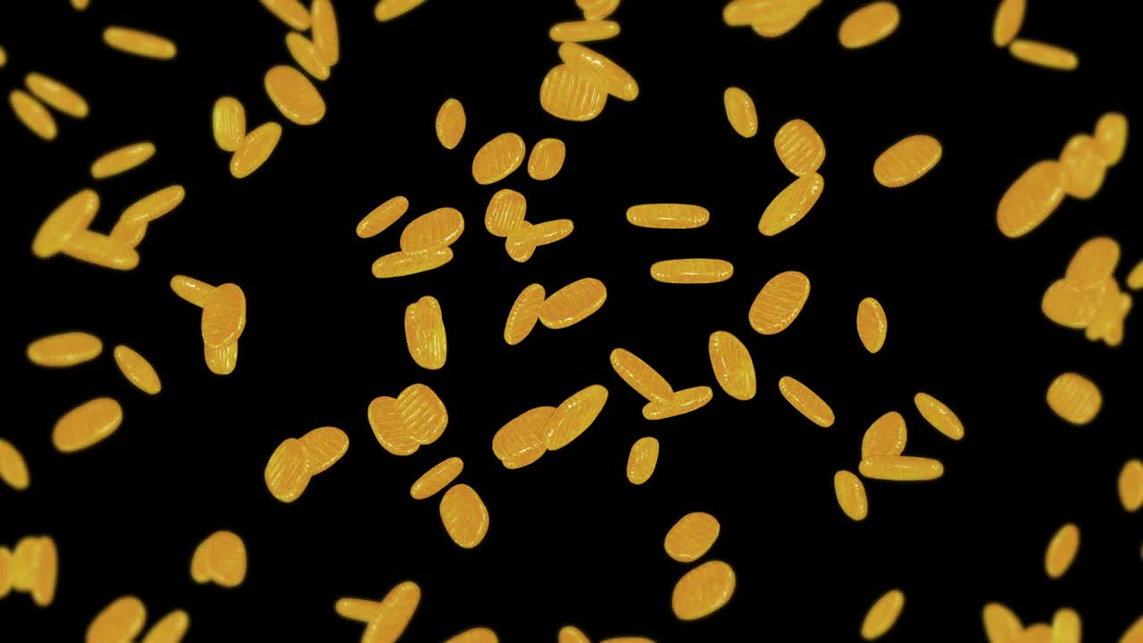 Flying many Koban coins on black background. Japanese oval golden coin. Money in Edo period. 3D animation of coin rotating. Loop animation.