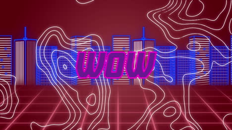 animation of wow text over digital city and shapes on red background