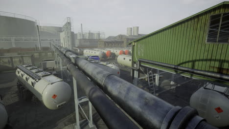 industrial setting with storage tanks and pipelines during daytime