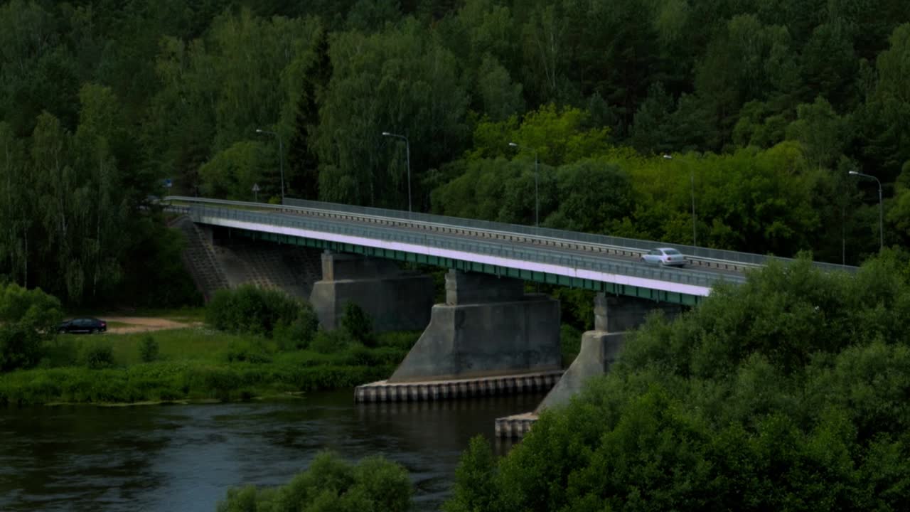 주위에 푸른 숲이 있는 다리에서 운전하는 자동차의 변덕스러운 샷