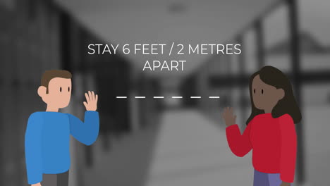 animation of colored people social distancing in a black and white hallway