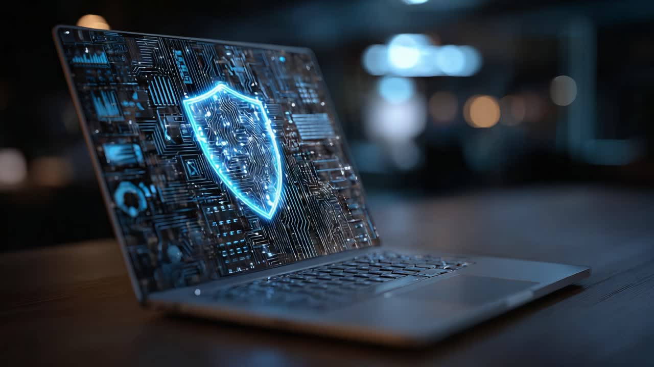 A Modern Laptop Displaying a Digital Shield Symbol with Circuit Patterns, Representing Cybersecurity and Data Protection Efforts in the Digital Age
