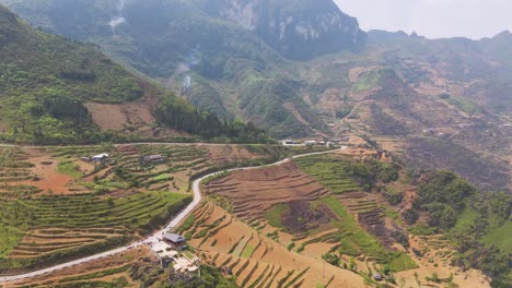 a scenic aerial view of ha giang's serpentine roads, highlighting motorcycles riding through vibrant green rice fields surrounded by majestic mountains.